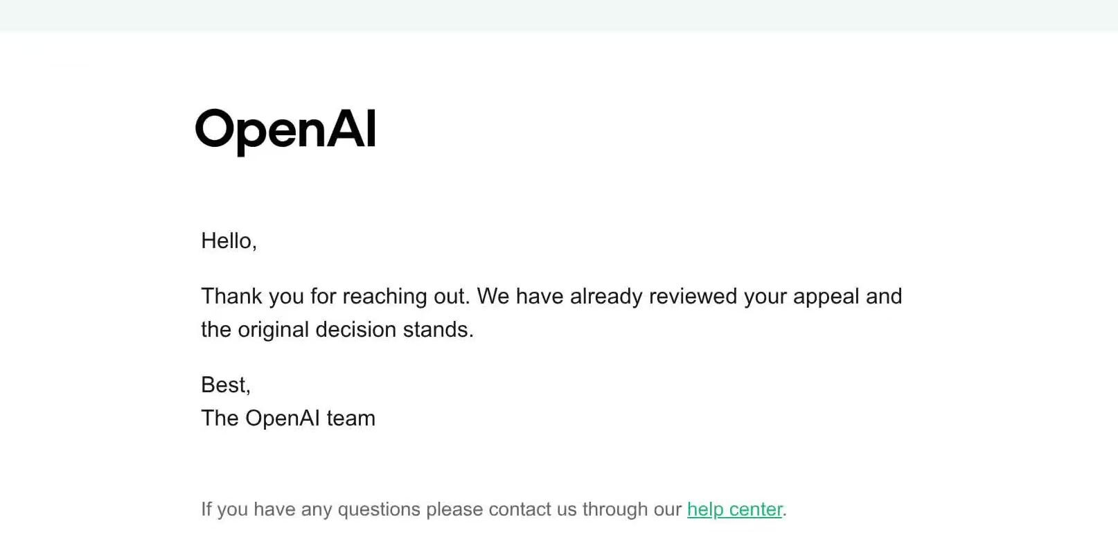 OpenAI 邮件回复「已审阅您的申诉,原决定维持不变」截图