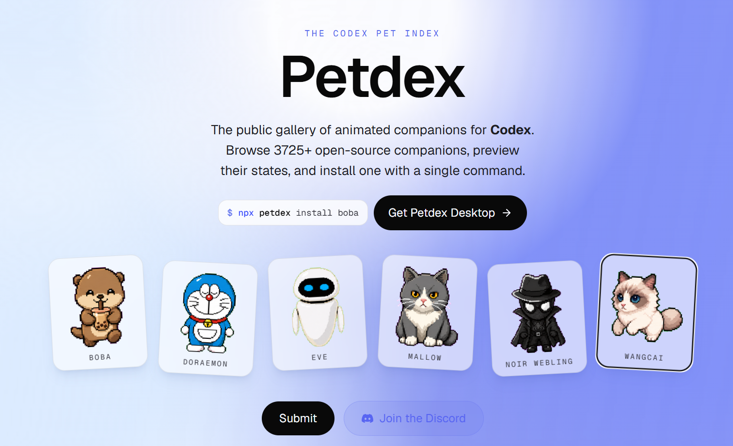Petdex 桌宠画廊界面,可浏览和领养现成的 Codex 宠物