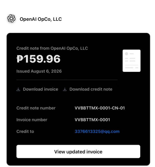 OpenAI OpCo 出具退款信用证(Credit Note)的截图,金额 ₱159.96,可下载发票
