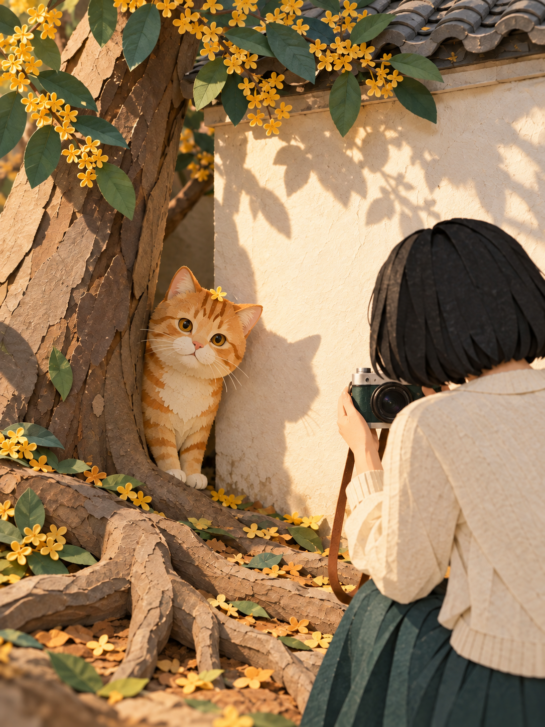 北欧纸雕小故事第 5 格:剪纸缝隙中探出头且头顶桂花的橘猫与放大墙影
