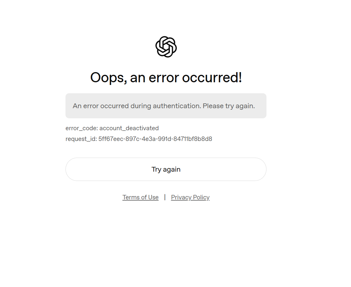 ChatGPT 登录时提示 account_deactivated(账户已停用)错误页面截图