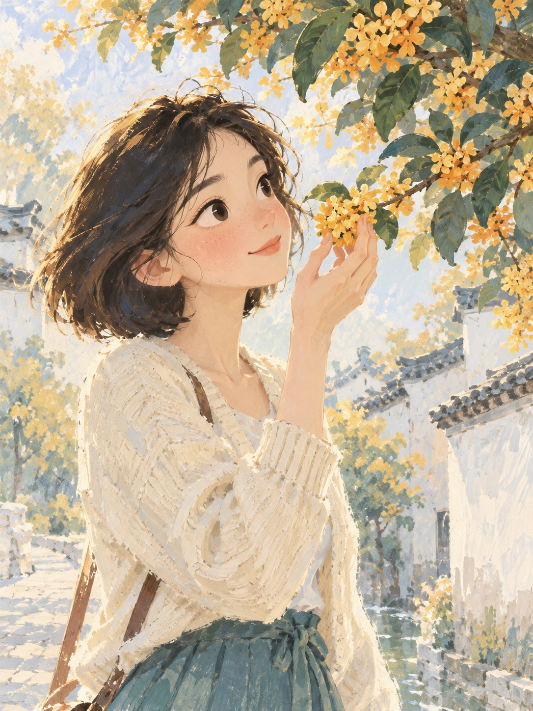 ChatGPT Image 2.5 暖光童画手绘画风效果:水粉笔触与明亮秋日桂花场景
