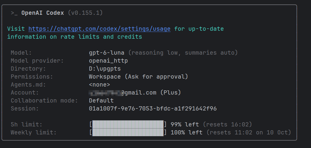 CLI 终端输入 status 查看 Codex 剩余额度与重置倒计时截图