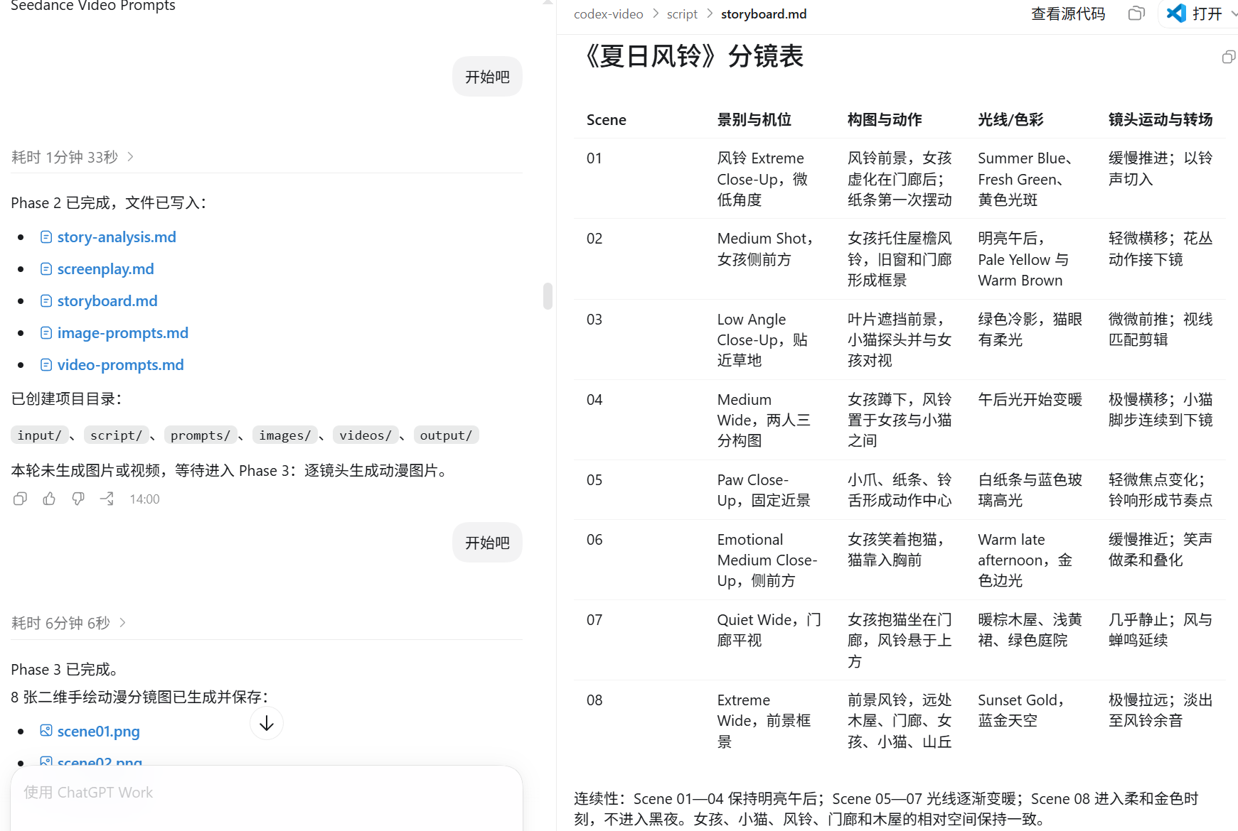 storyboard.md 中 8 个 Scene 的分镜表,逐镜头标注景别与镜头运动
